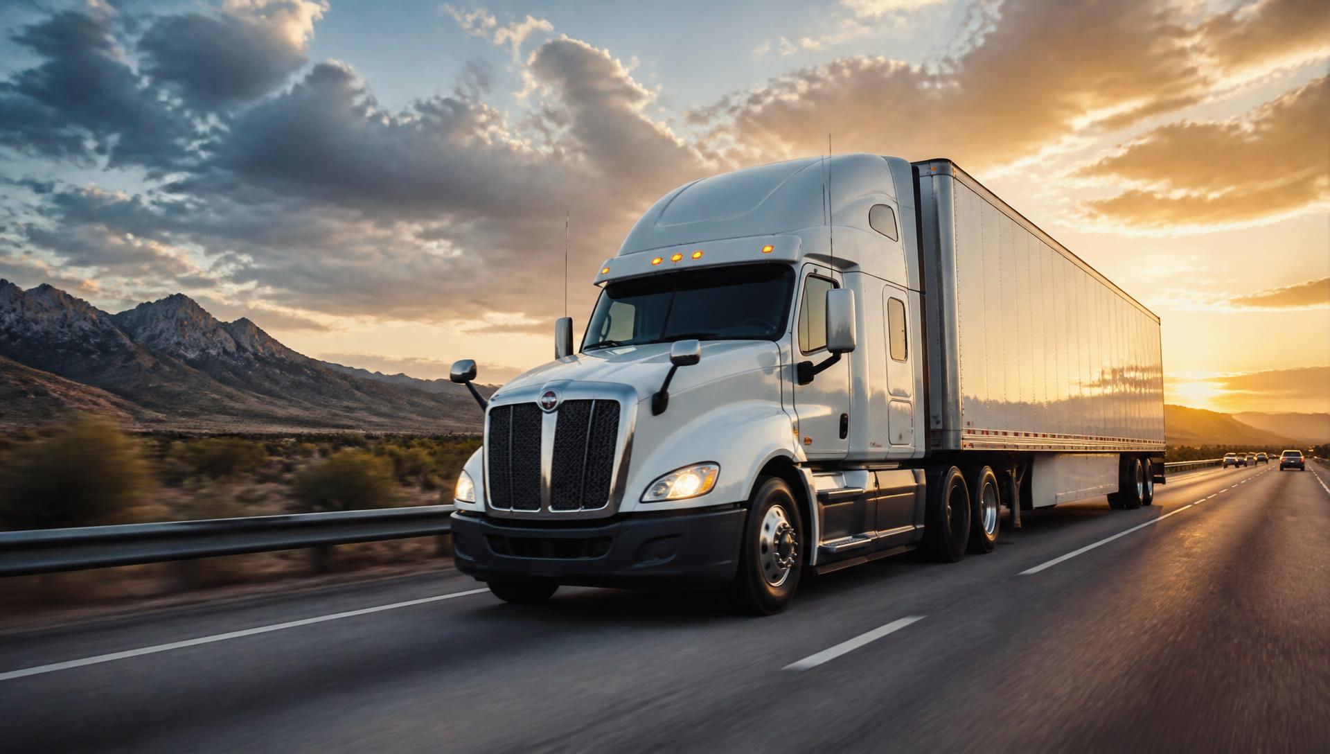 Semi-truck hauling freight on an American interstate highway at golden hour