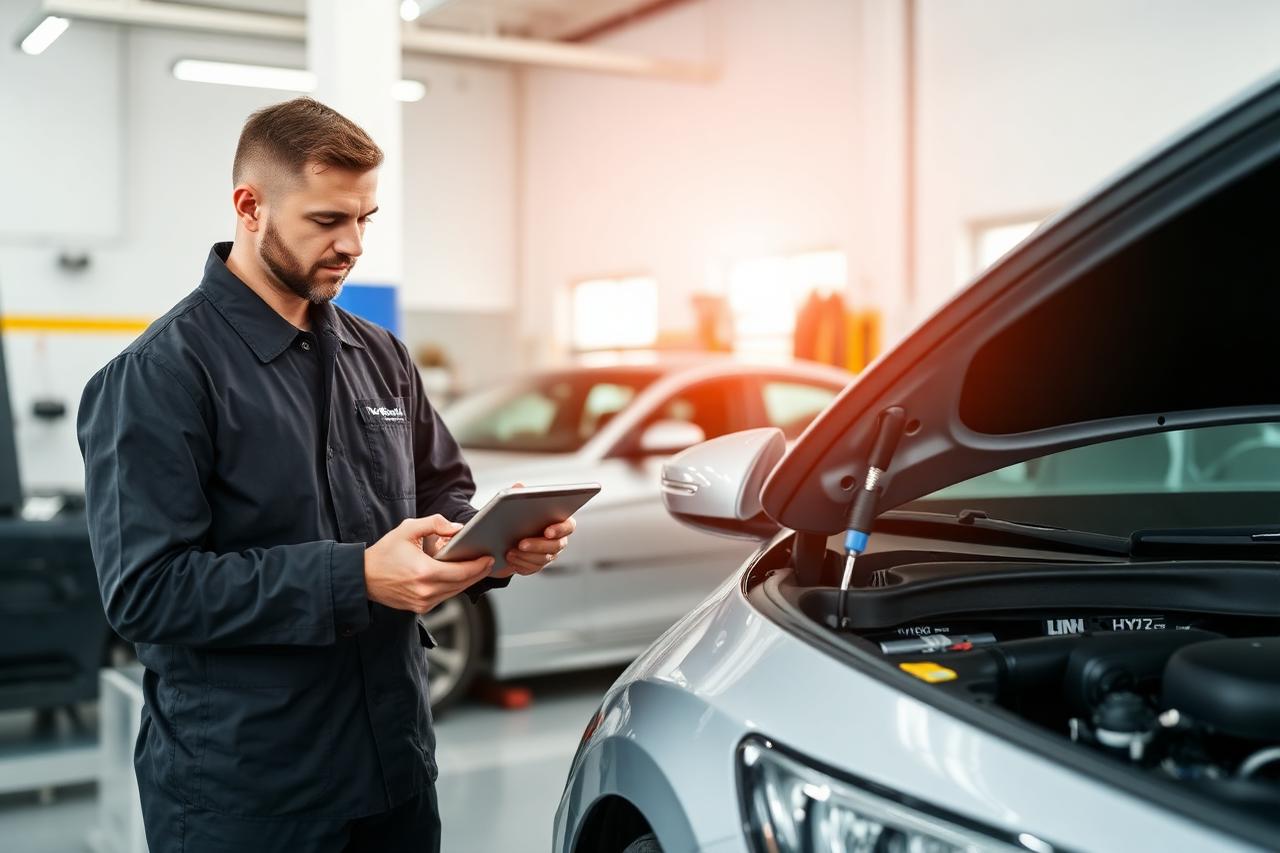 Technician performing hybrid vehicle diagnostics in a clean automotive workshop